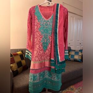 Pink & blue embroidered Indian suit/kameez